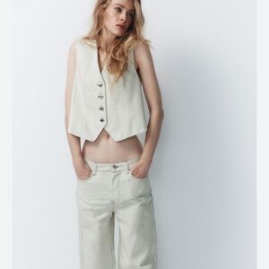 Zara Green Pinstripe Denim Vest and Pants Set